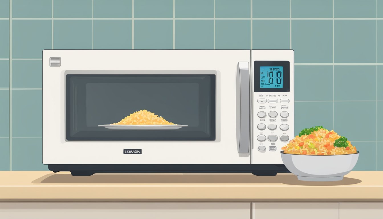 A microwave with a bowl of fried rice inside, a timer set for reheating, and a steaming plate ready for serving