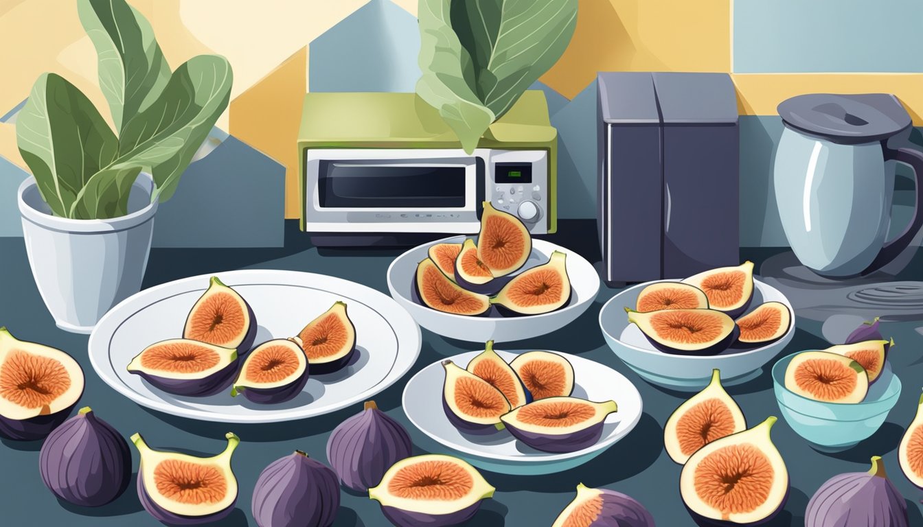 A plate with sliced figs arranged in a circular pattern, surrounded by a microwave and a bowl of water for steaming