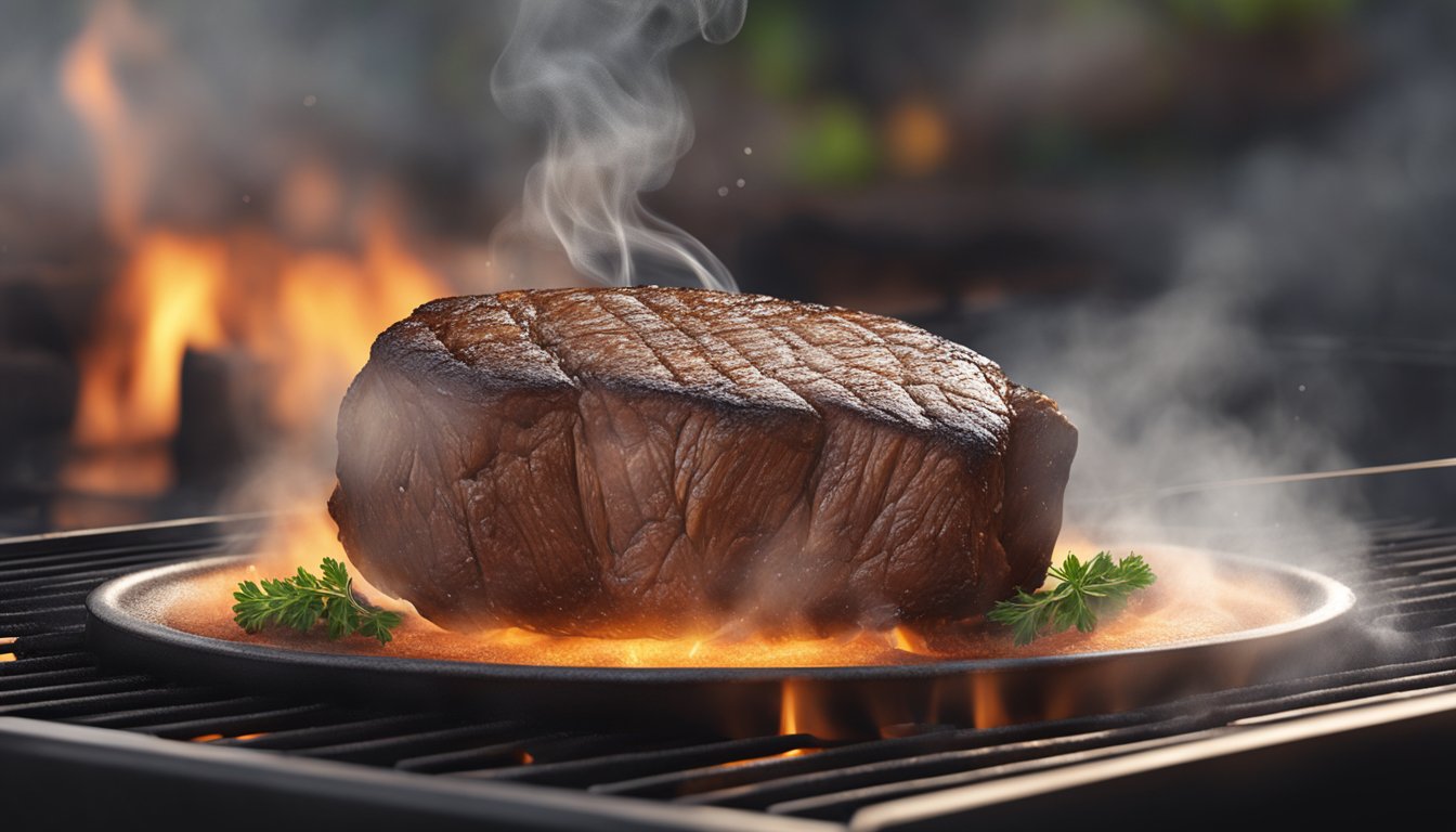 A filet mignon being reheated on a sizzling hot grill, with wisps of smoke rising from the meat