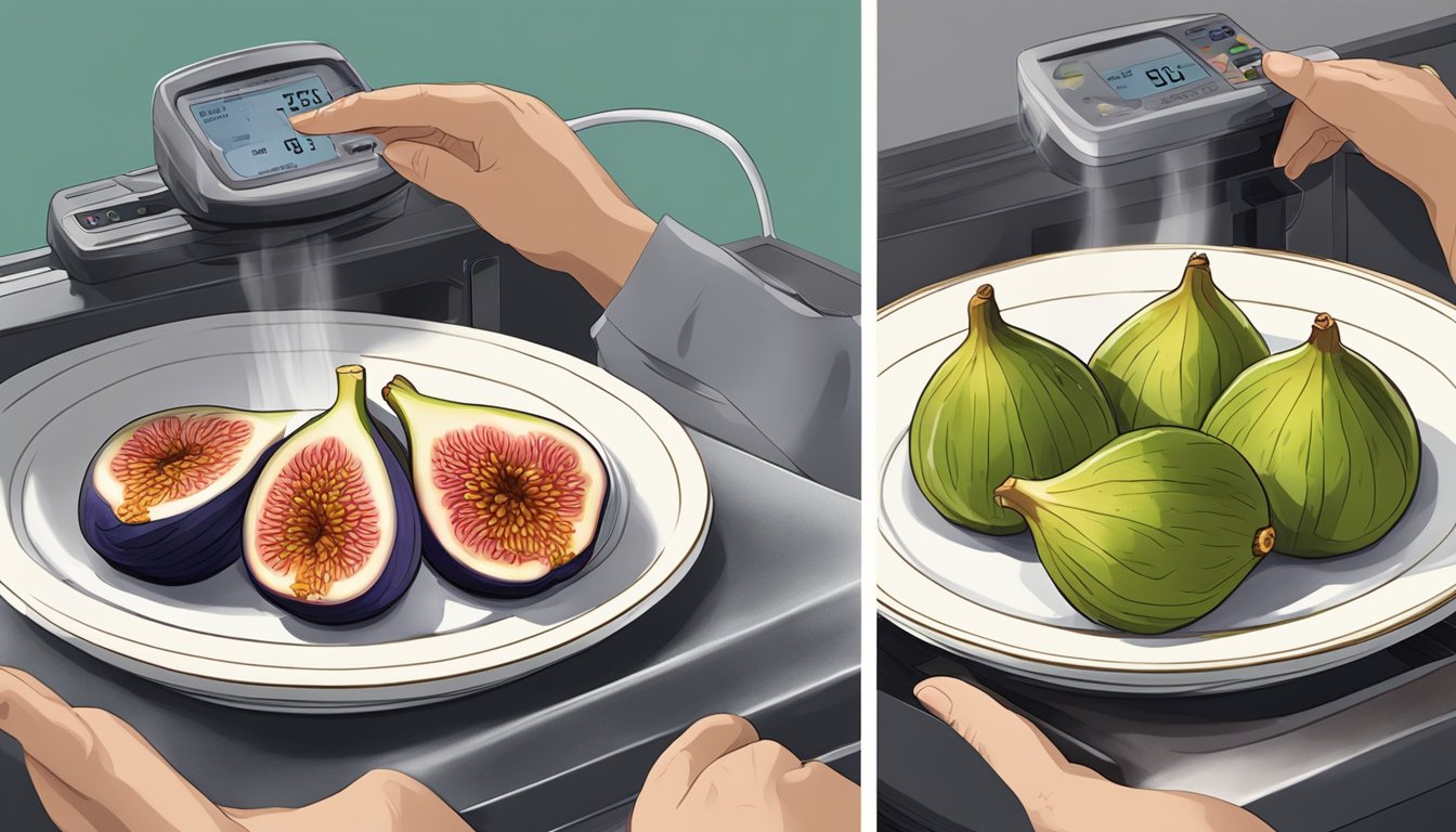 A fig being placed on a plate and then being heated in a microwave