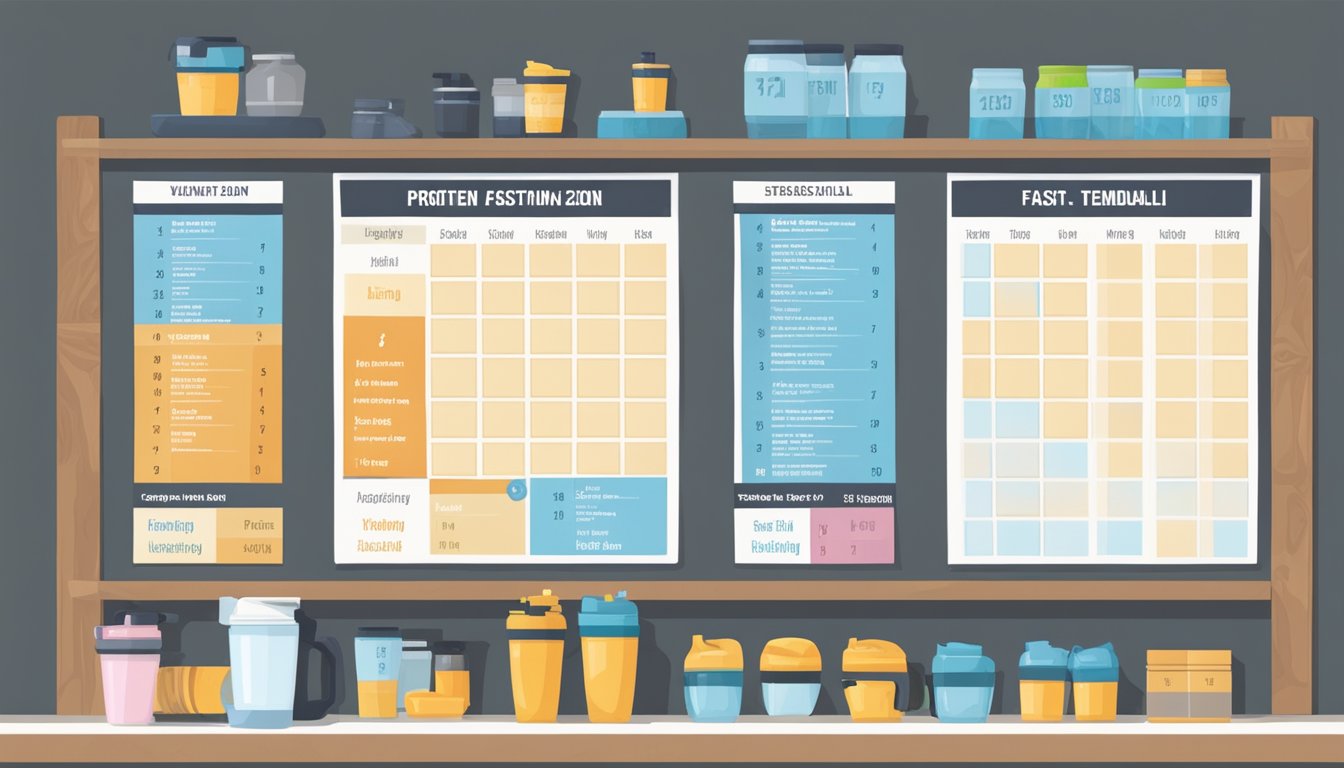 A weightlifting set-up with protein shakes and a fasting schedule displayed on a calendar