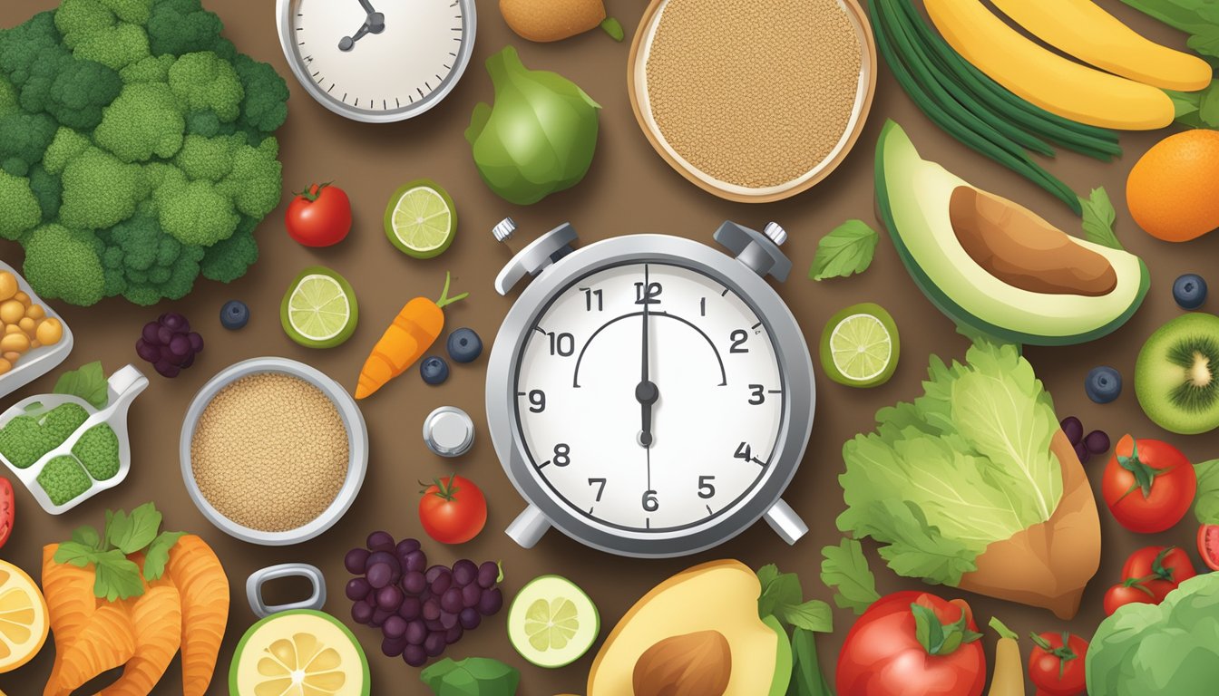 A variety of healthy foods, including fruits, vegetables, lean proteins, and whole grains, arranged on a table with a measuring tape and a stopwatch nearby