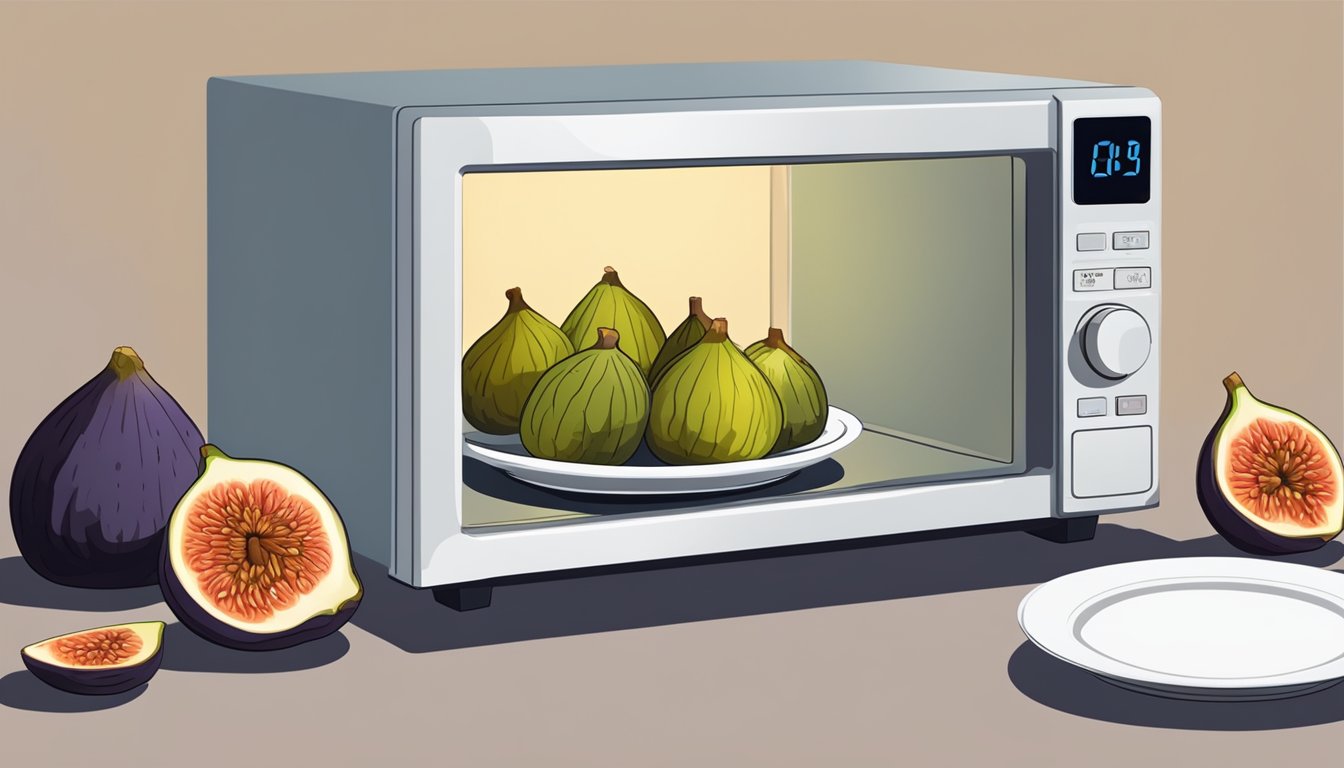 A microwave with a plate of figs inside, the timer counting down