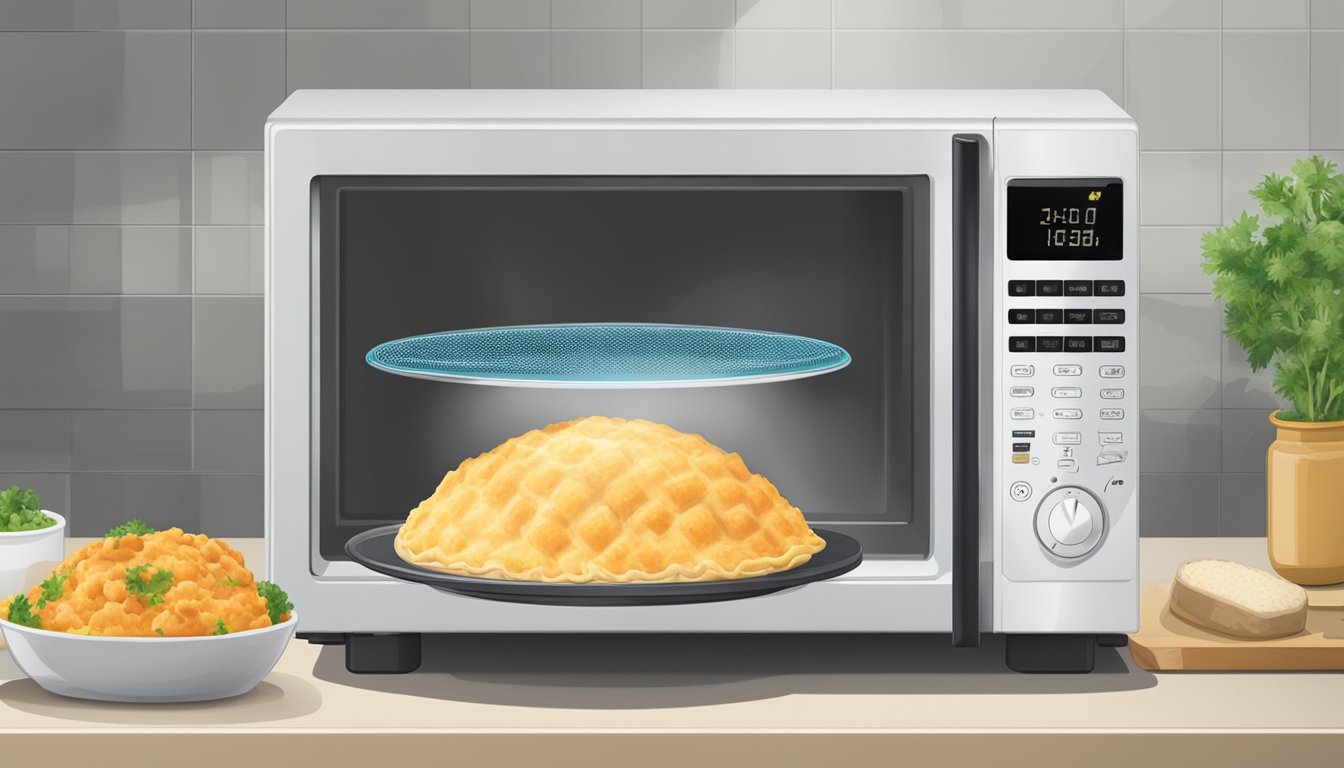 A microwave with a plate of fish pie inside, the digital display showing the timer counting down