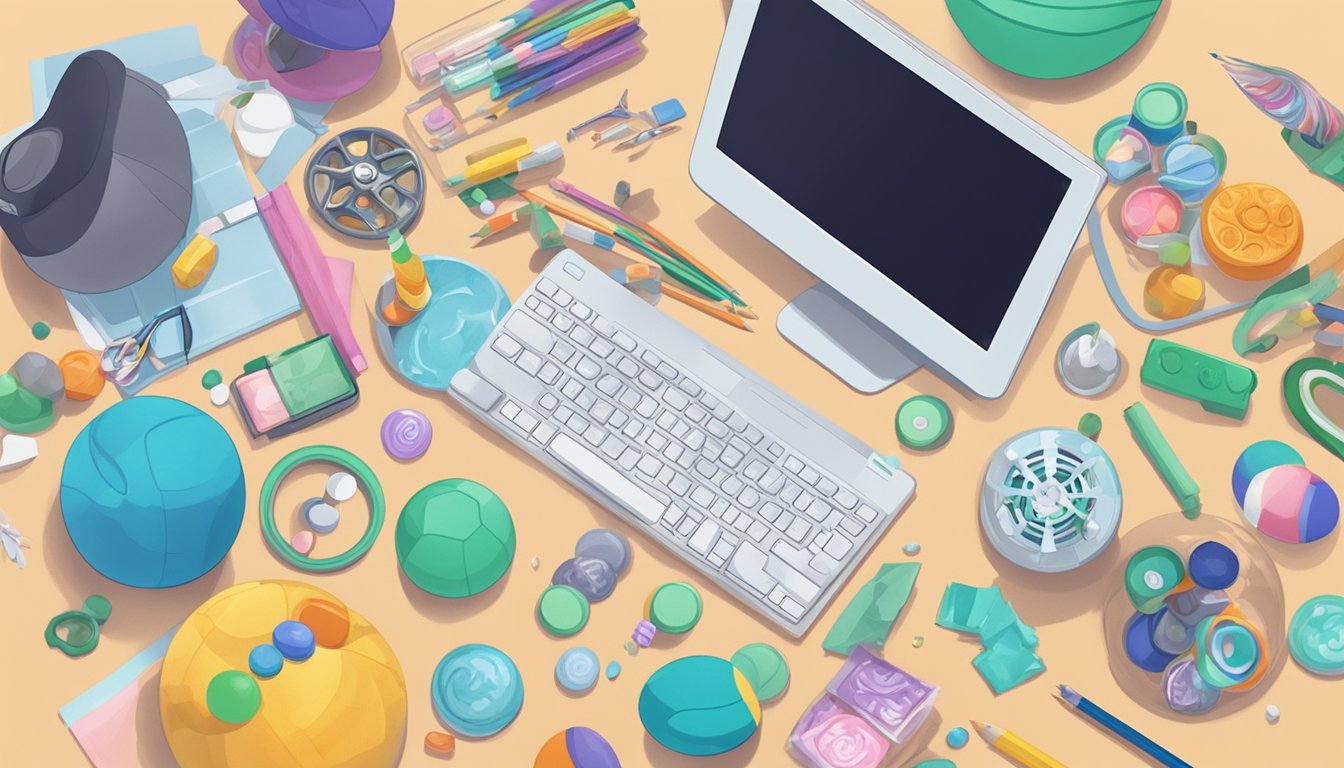 A person sitting at a desk with a pencil in hand, surrounded by a variety of items such as a stress ball, fidget spinner, and a pack of mints