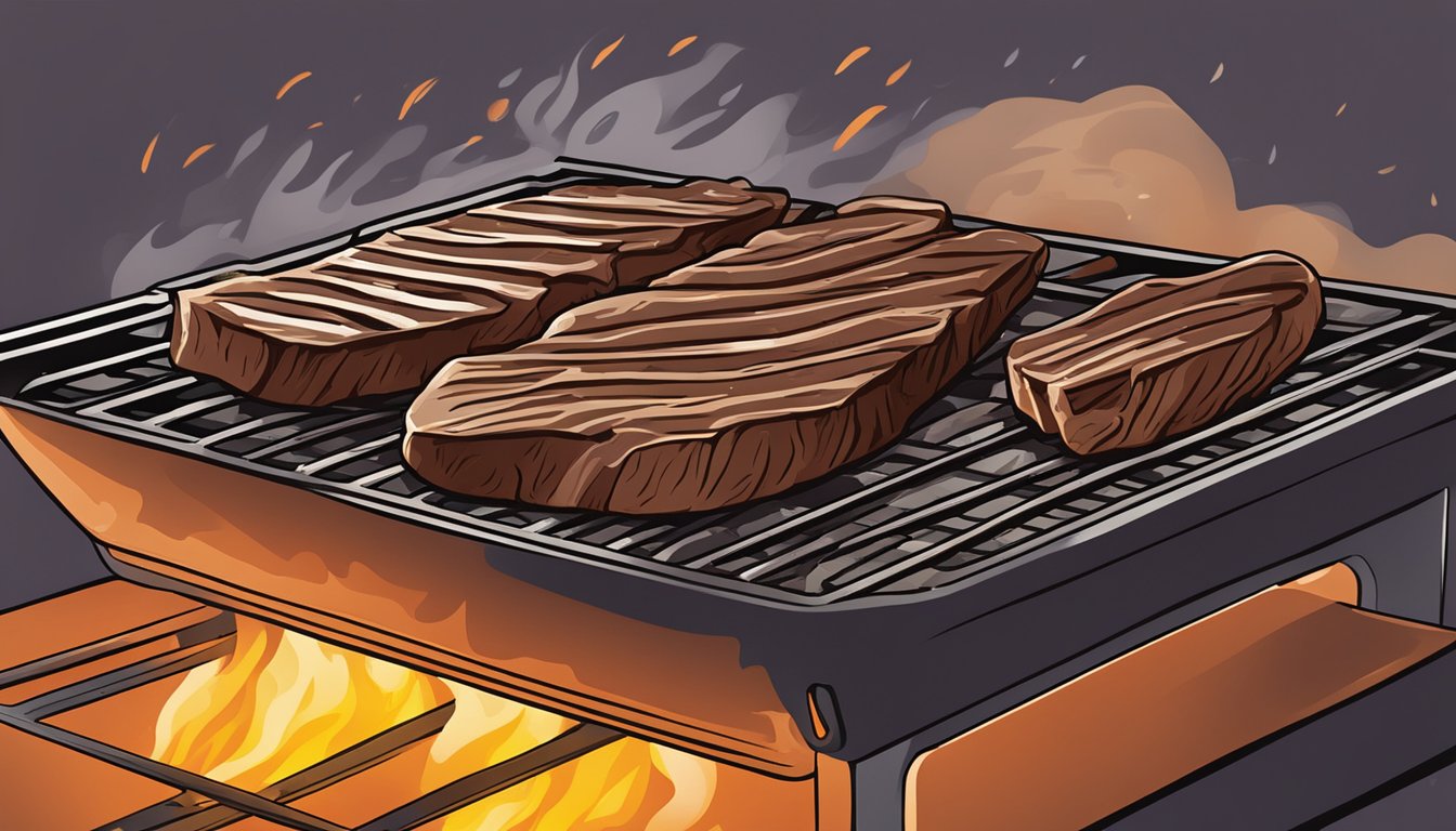 A sizzling flank steak being heated on a hot grill