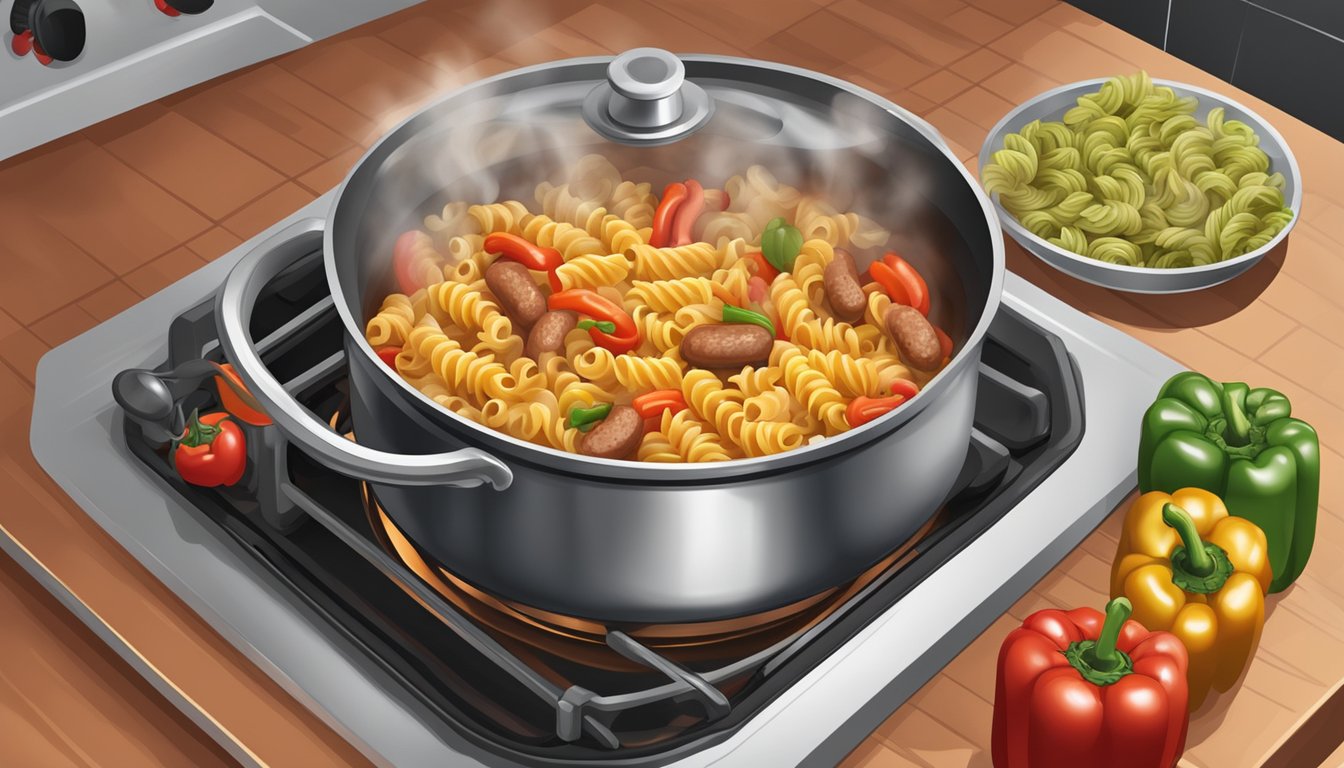 A steaming pot of fusilli, sausage, and peppers being gently reheated on a stovetop, with aromatic steam rising and the ingredients sizzling in a pan