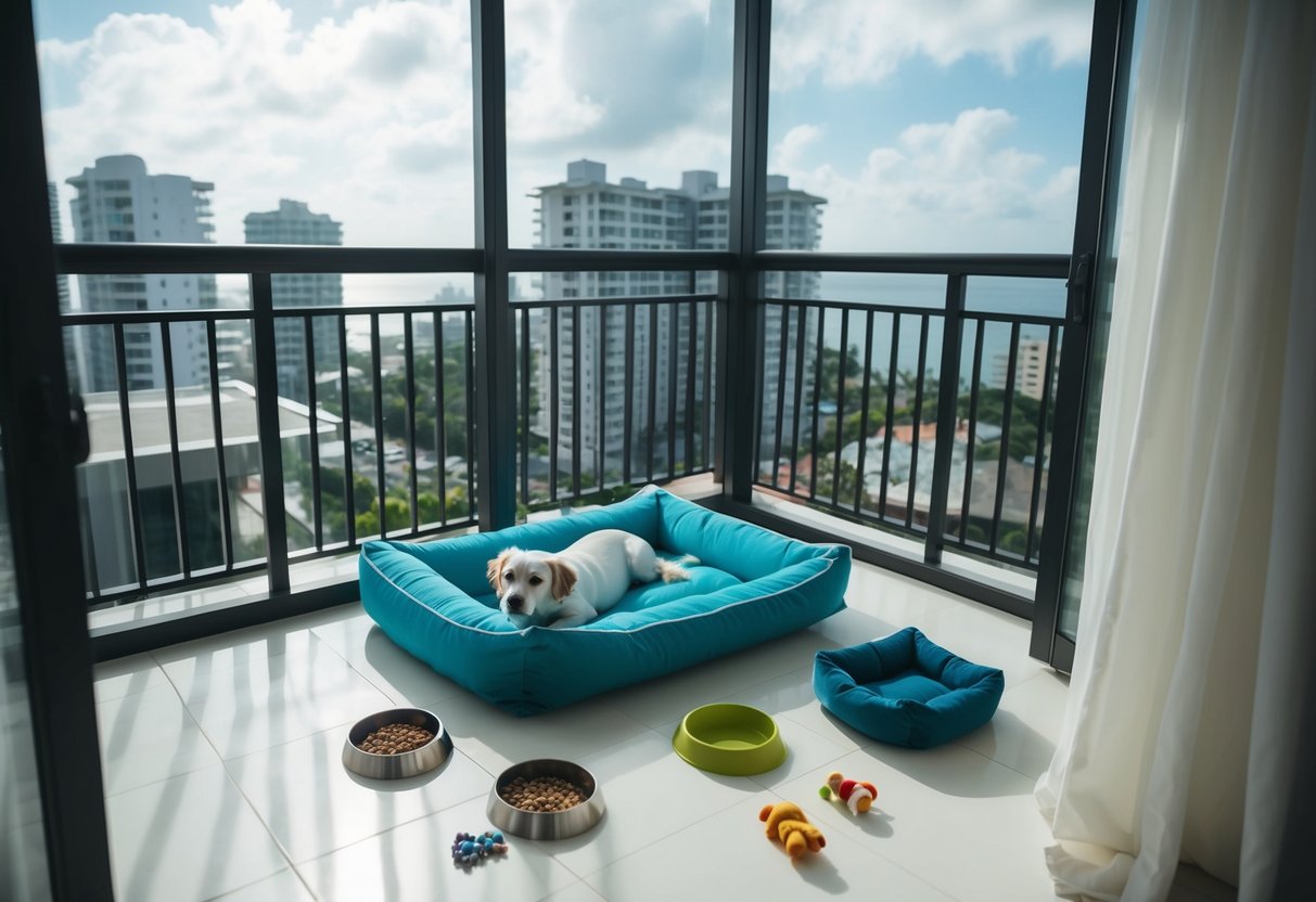 A cozy condo in Cebu with a pet bed, food bowls, and toys scattered on the floor, a sunny balcony with a pet-friendly view