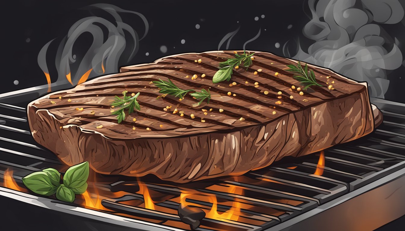 A sizzling flank steak being heated on a grill, emitting a tantalizing aroma, with a sprinkle of herbs and spices adding to the flavor