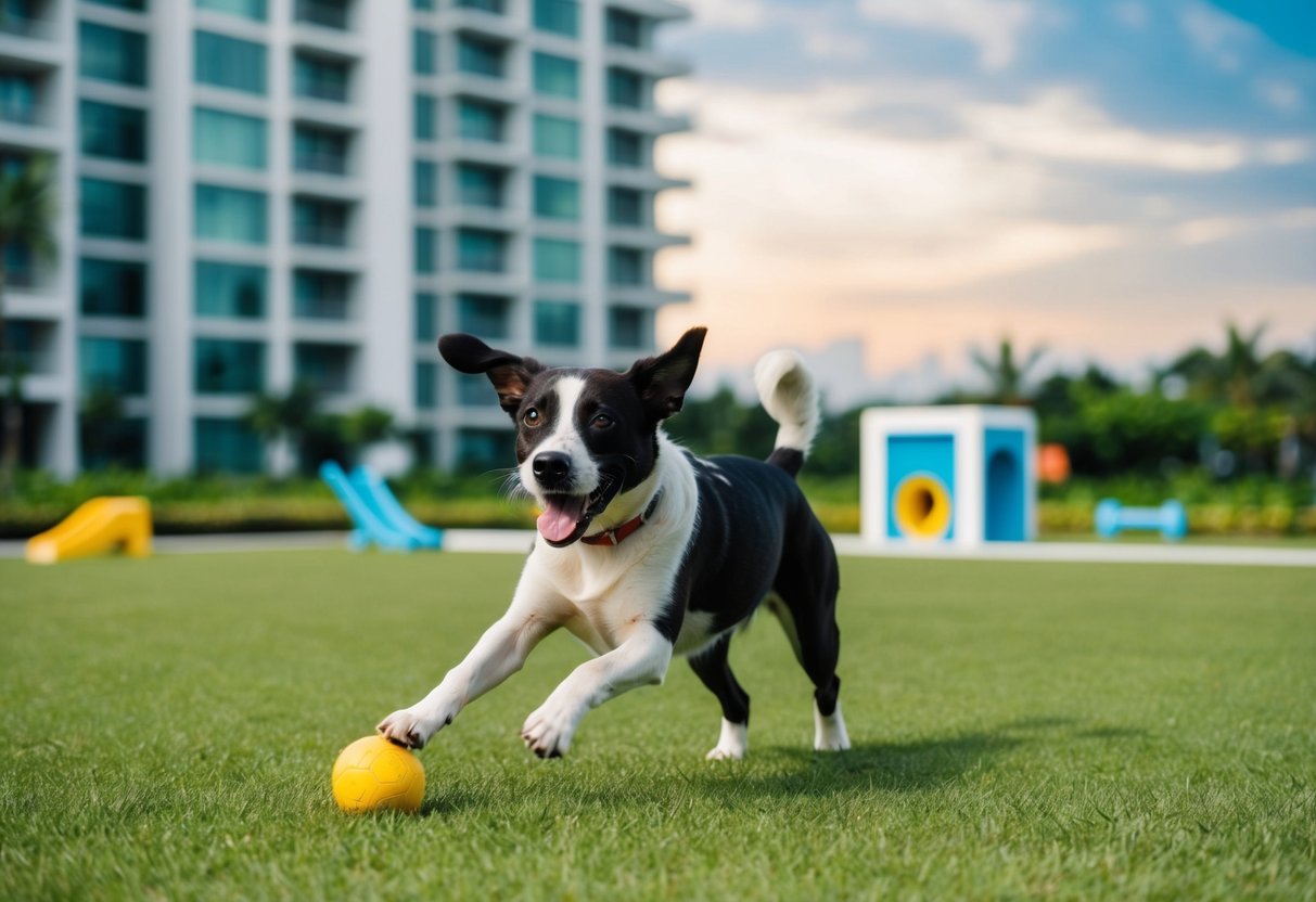 A dog playing in a spacious, grassy area within a pet-friendly condo complex in Cebu, with pet amenities visible in the background