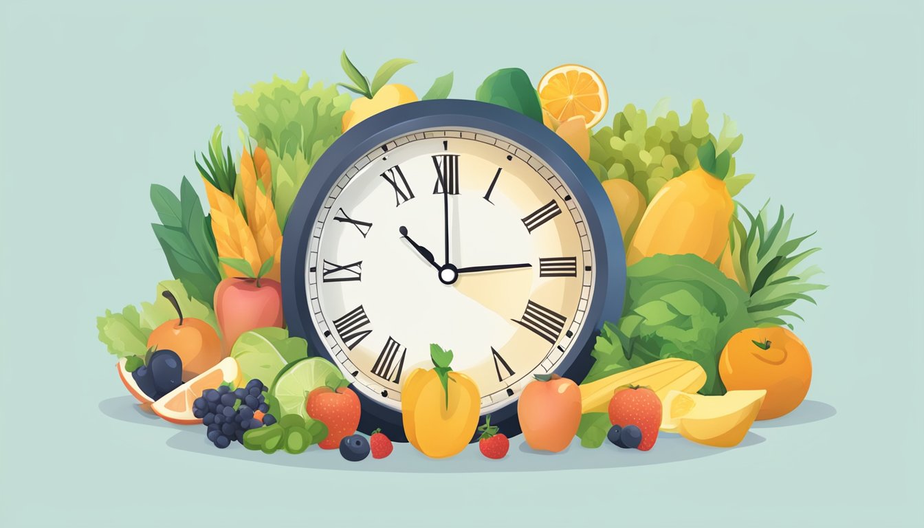 A clock with a restricted eating window surrounded by healthy food options