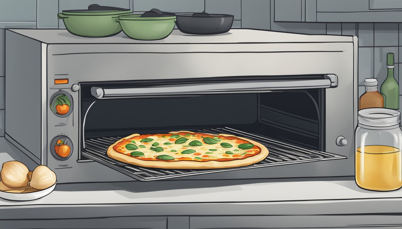 A slice of garlic parmesan pizza being placed on a baking sheet in a preheated oven