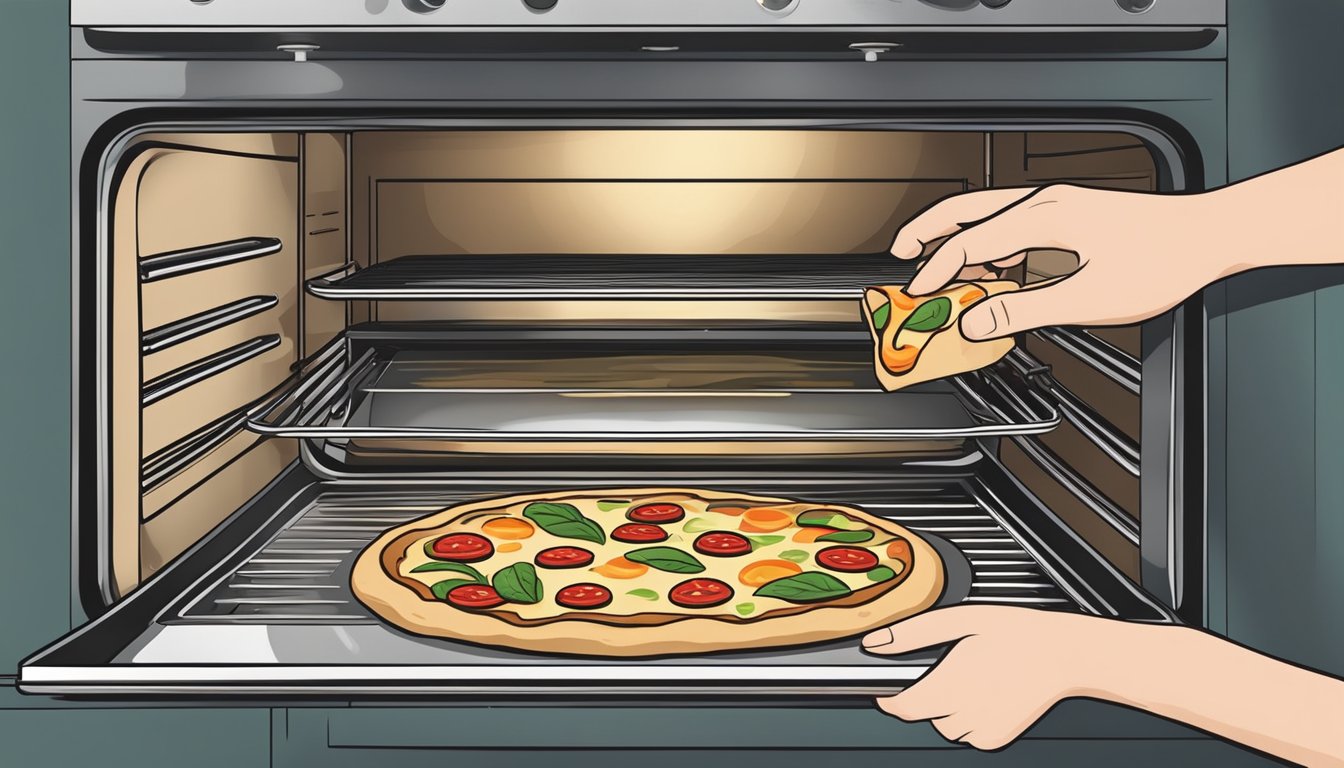 A hand reaches into an oven, placing a flatbread pizza on a baking sheet. The oven is preheated and the pizza is ready to be reheated