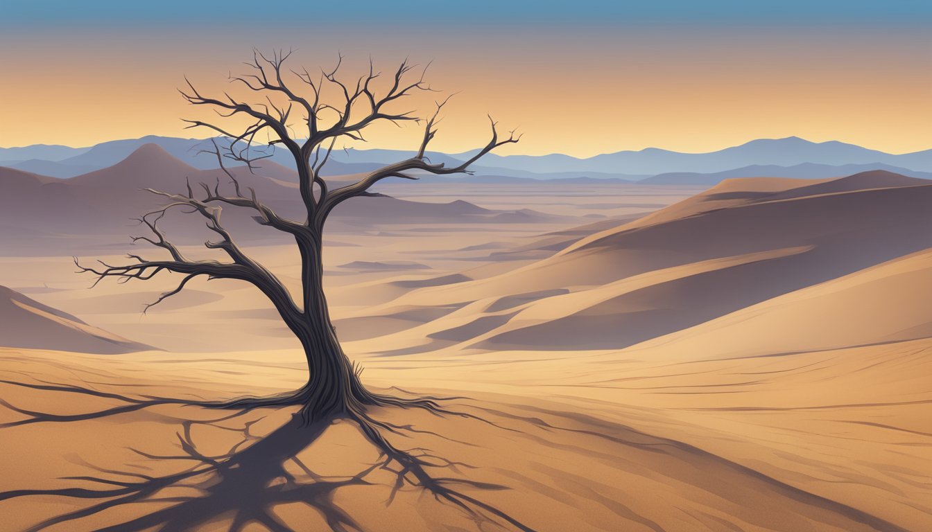 A barren desert landscape with a lone, withered tree symbolizing the physical and metabolic implications of long-term fasting