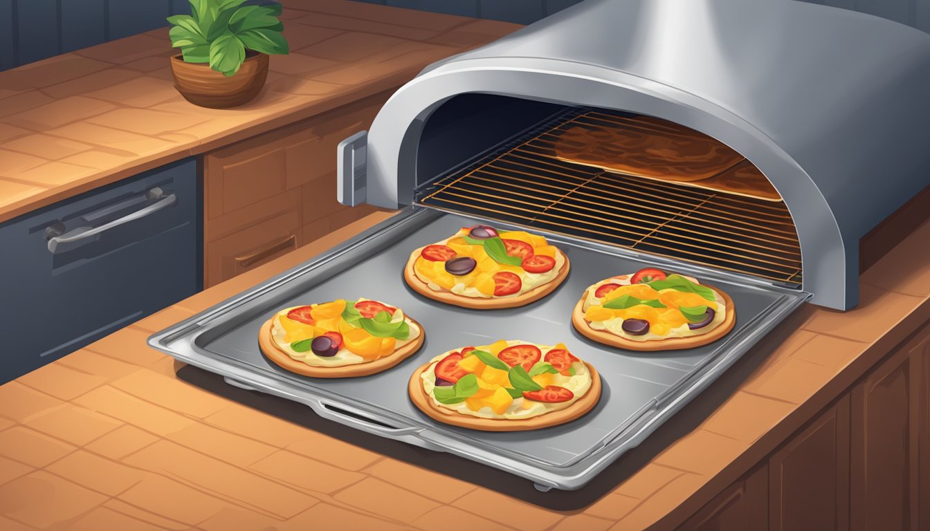 A flatbread Hawaiian pizza is placed in the oven on a baking sheet, with the oven door closed and the heat set to a specific temperature for reheating