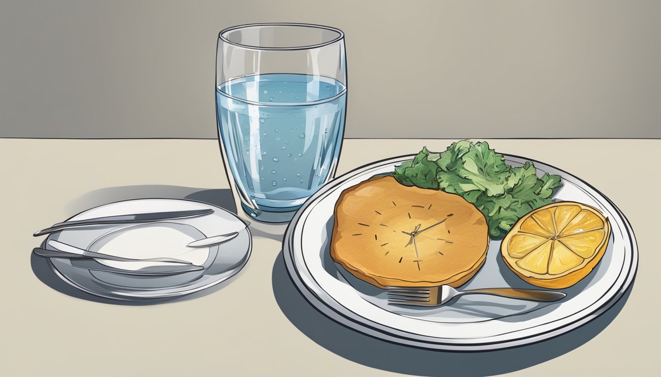 A clock with a plate of food beside it, half-eaten. An empty plate and a glass of water nearby