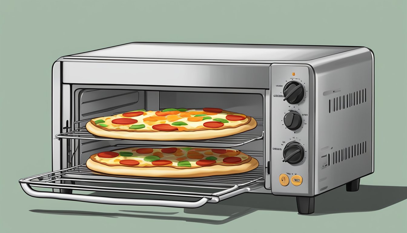 A toaster oven with a Hawaiian pizza on a flatbread, being reheated on a wire rack