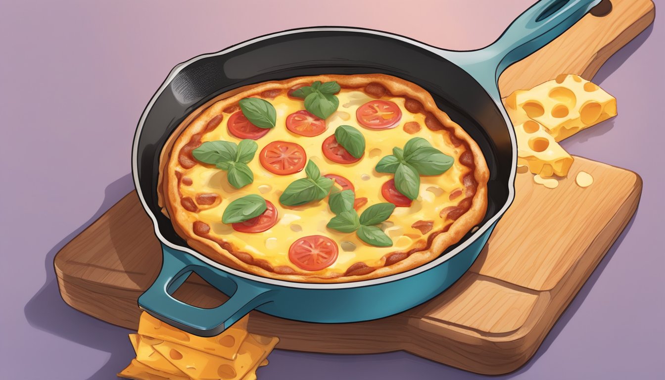 A skillet sits on a stovetop, with a slice of Hawaiian pizza sizzling inside, the crust crisping and the cheese melting