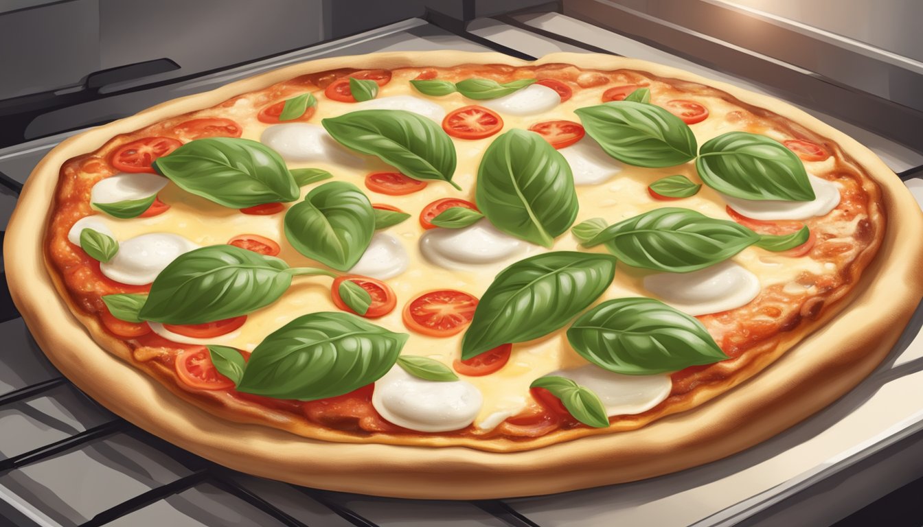 A flatbread margherita pizza is being reheated in an oven, with bubbling cheese and fresh basil on top