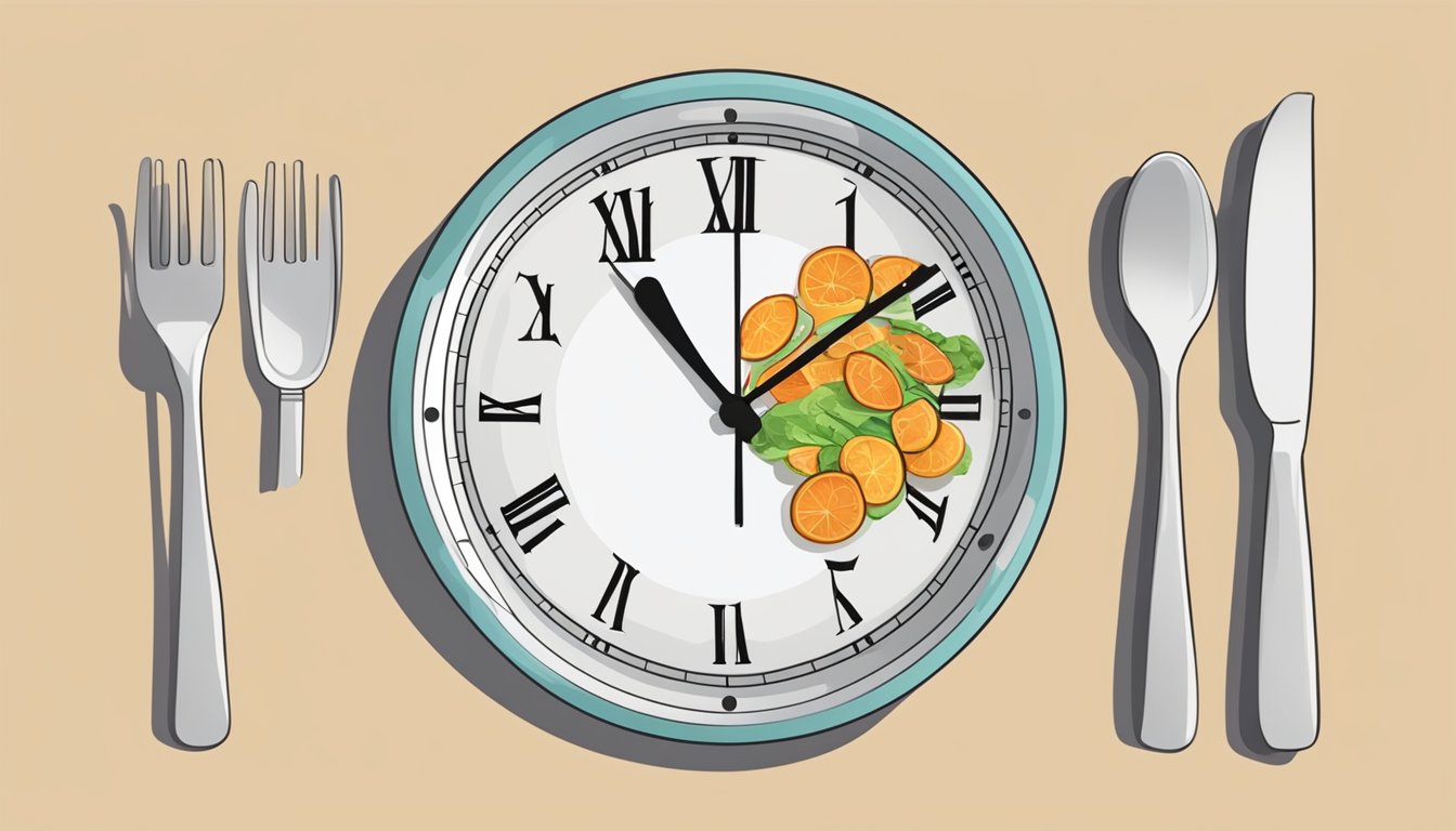 A clock showing different times throughout the day, along with a plate of food and an empty plate, to represent the concept of intermittent fasting