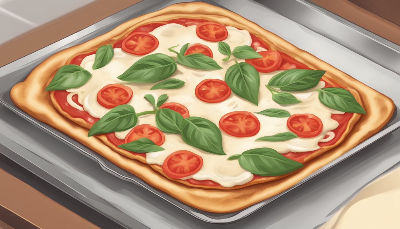 A flatbread margherita pizza is placed on a baking sheet before being placed in the oven for reheating