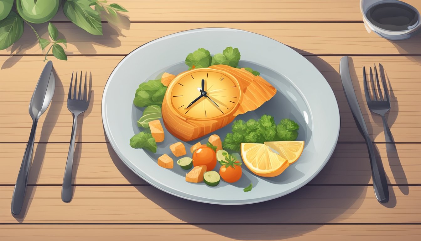 A clock on a table with a plate of food next to it, showing the passage of time and the concept of intermittent fasting