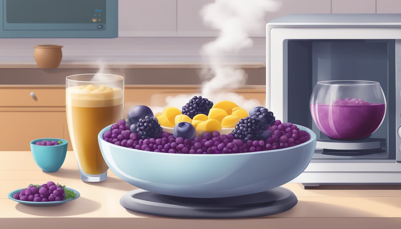 Acai bowls arranged on a table, with steam rising from a microwave in the background