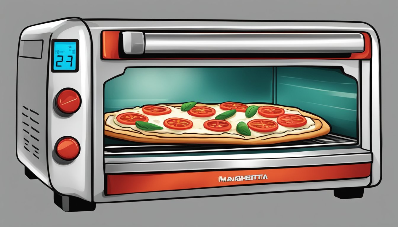 A slice of flatbread margherita pizza being reheated in a toaster oven