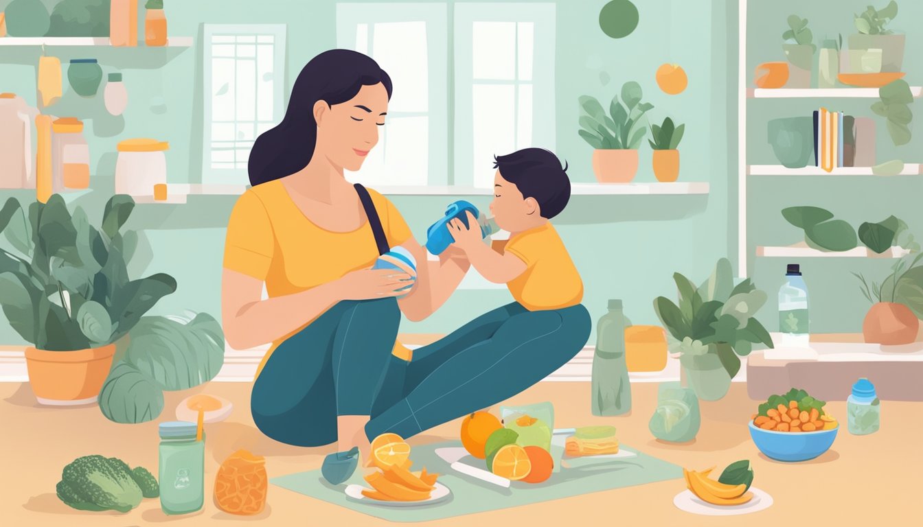 A mother in workout clothes breastfeeding her baby while holding a water bottle, surrounded by healthy snacks and a timer indicating intermittent fasting