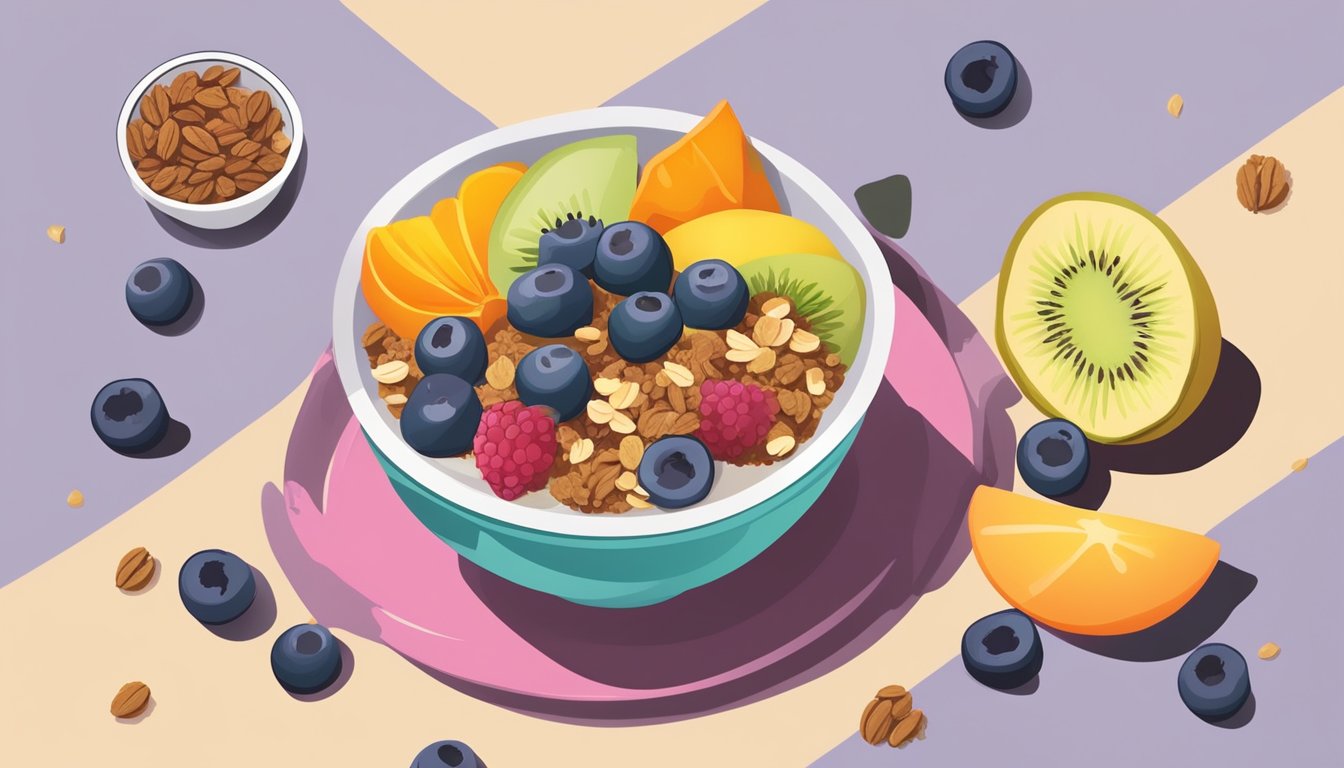 A colorful acai bowl surrounded by fresh fruits and gluten-free granola, being reheated in a microwave