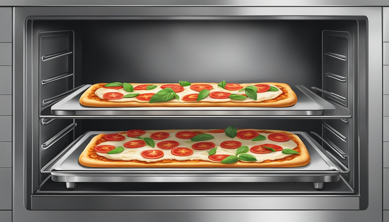 A slice of flatbread margherita pizza being reheated in a preheated oven on a baking sheet