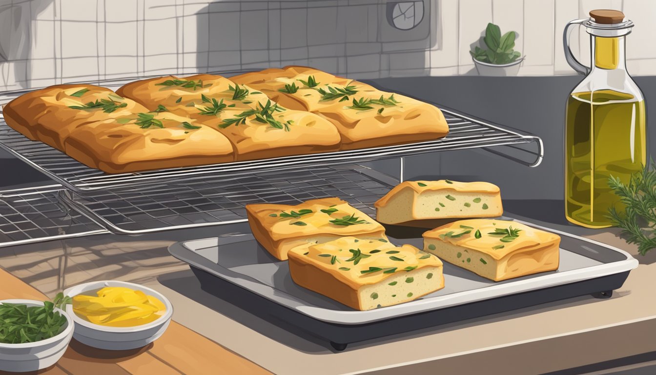 Freshly baked focaccia placed on a wire rack, with a small dish of olive oil and herbs nearby. A toaster oven is preheated in the background