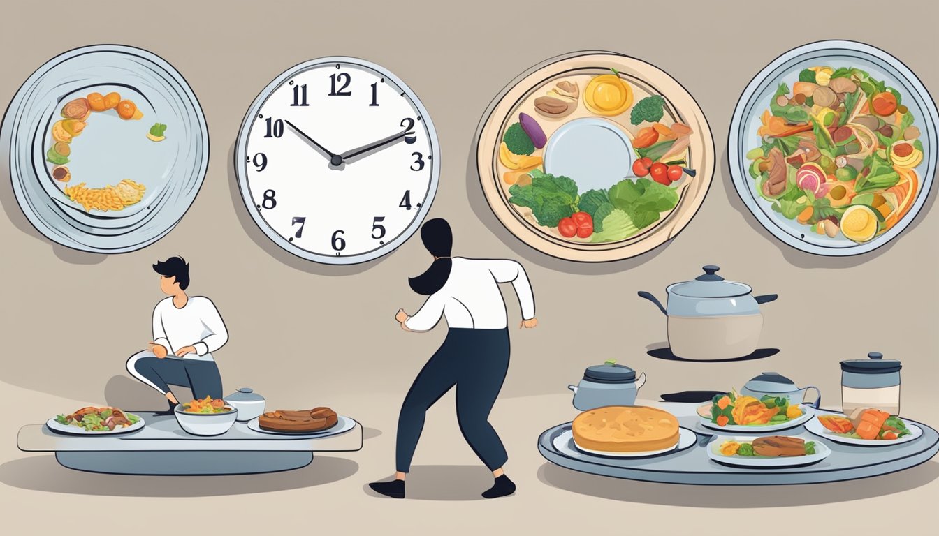 A clock showing different times of the day, a plate with food and an empty plate, and a person skipping meals