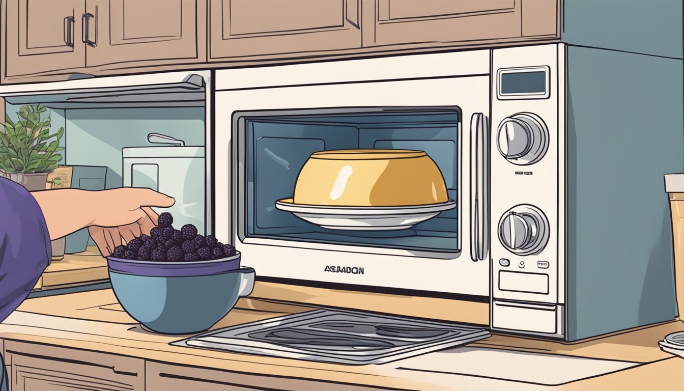 A microwave with an open door, a bowl of acai inside, and a person reaching for it