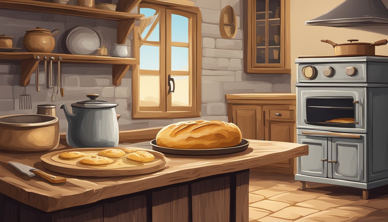 A rustic kitchen with a golden loaf of focaccia on a wooden cutting board, next to a vintage oven with the door slightly ajar