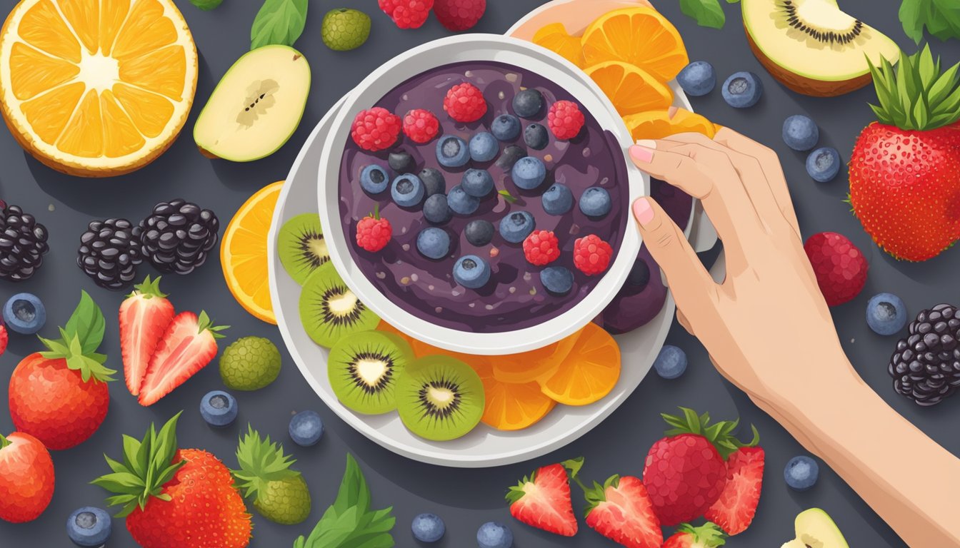 A hand reaching for a variety of colorful fruit toppings to sprinkle onto a freshly reheated gluten-free acai bowl