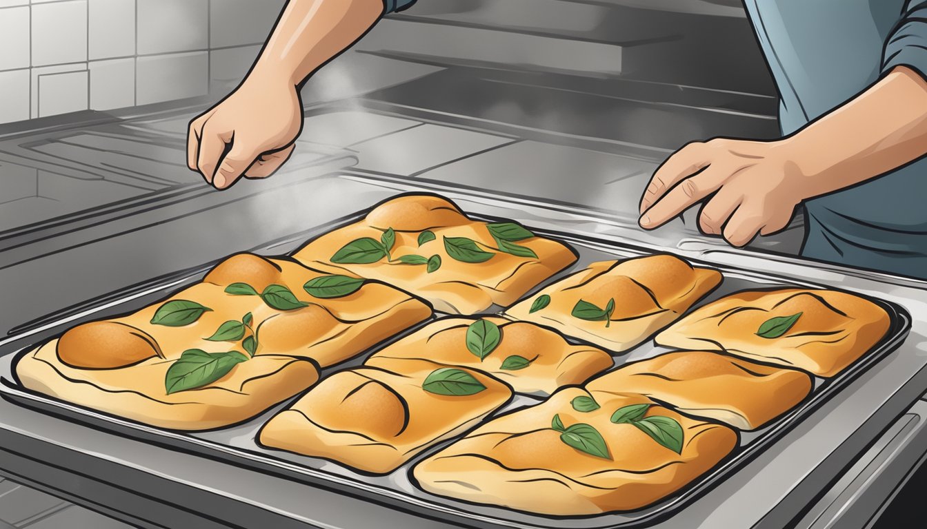 A fresh piece of focaccia being placed on a baking sheet in a preheated oven