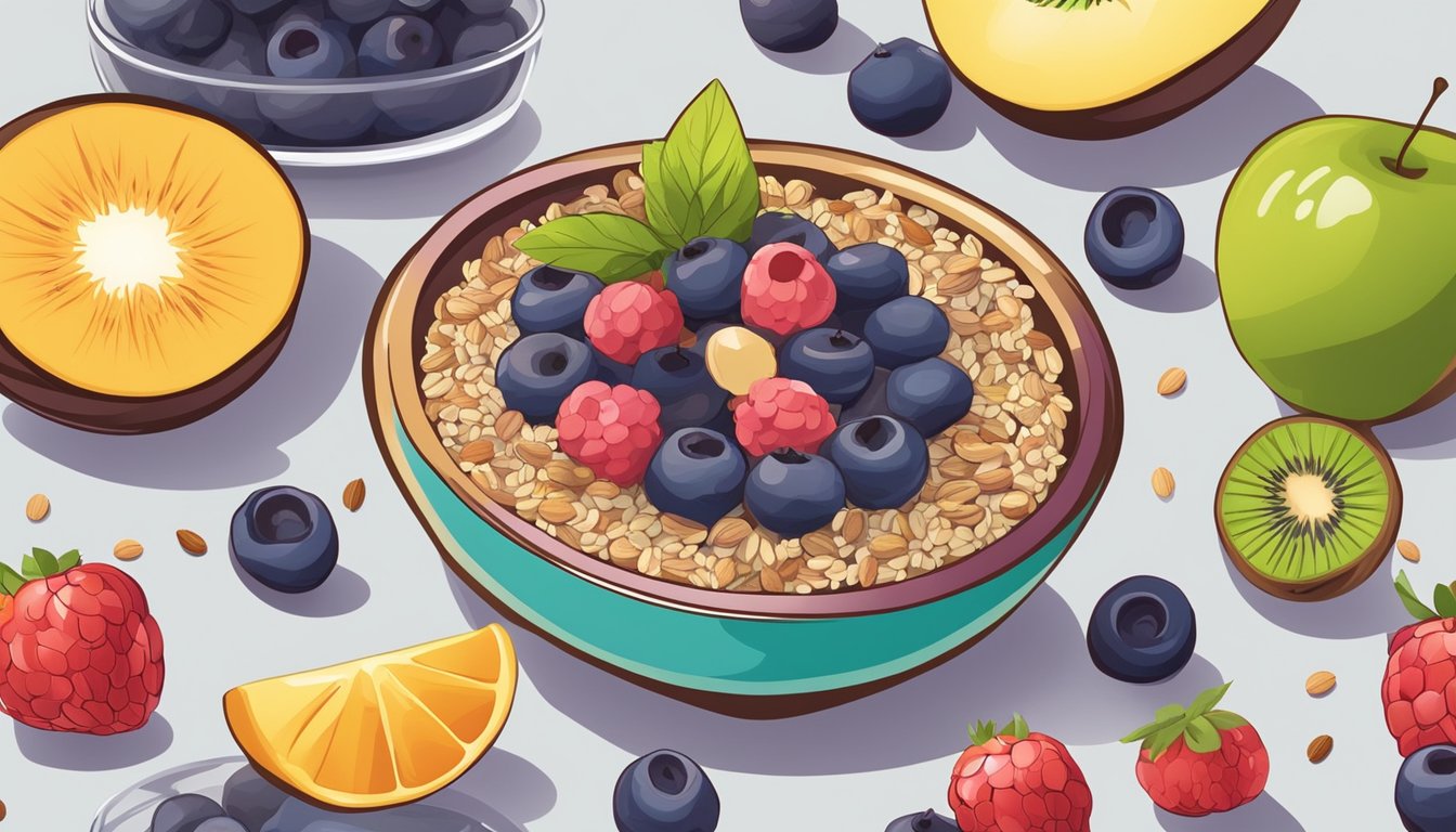 A colorful acai bowl surrounded by fresh fruits and nuts, being reheated in a microwave