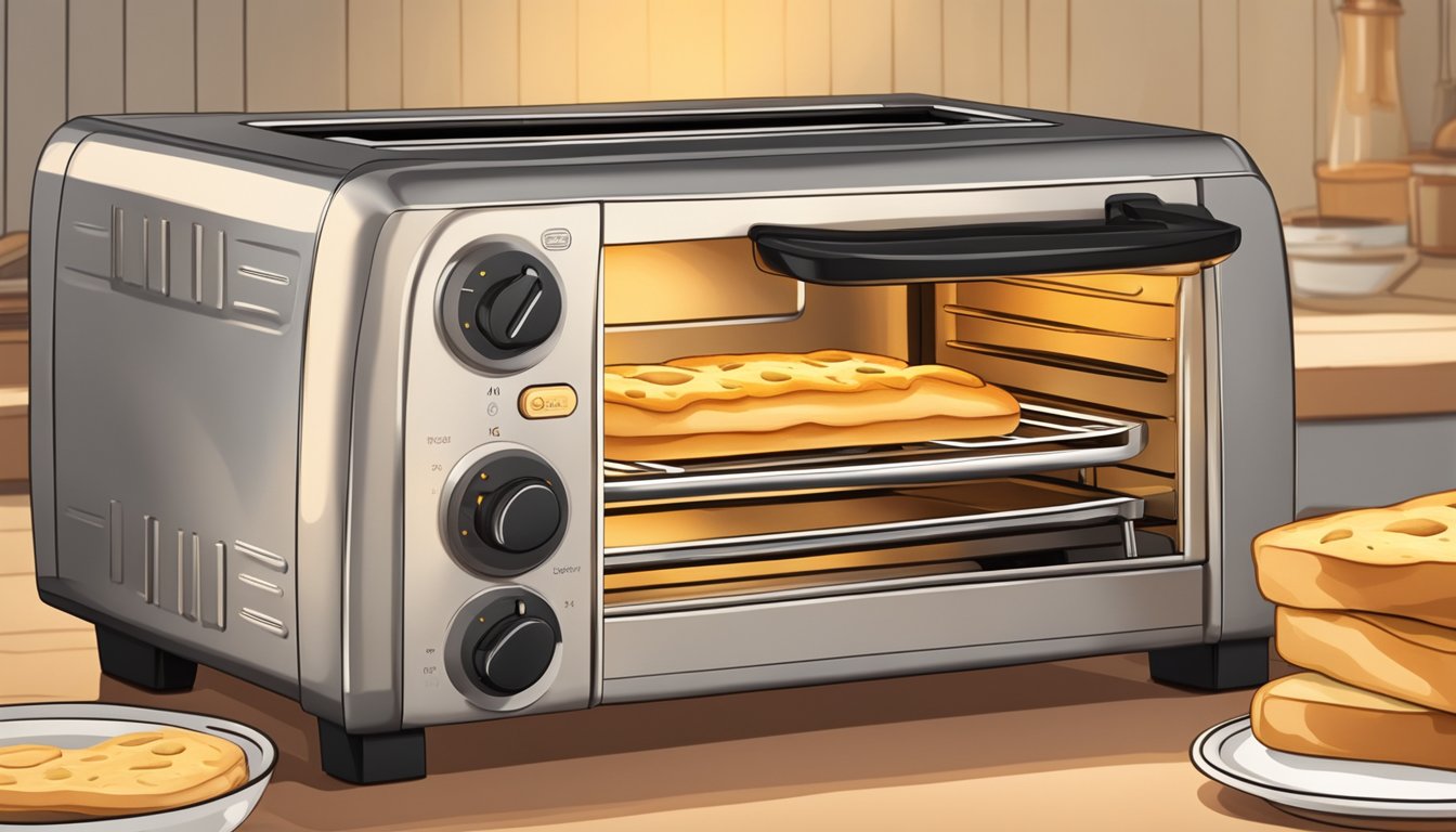 A toaster oven with a tray of sliced focaccia inside, the warm glow of the heating elements casting a golden hue on the bread