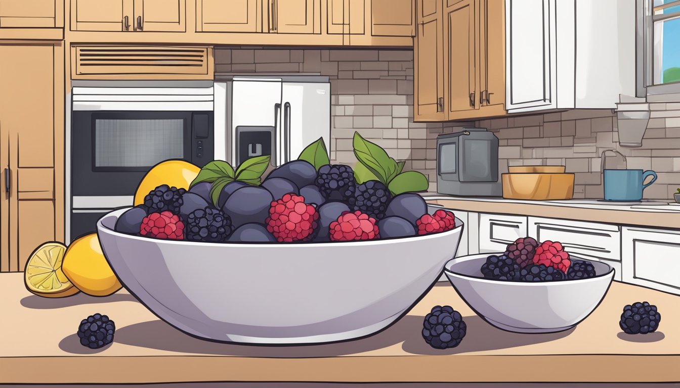 Acai bowls arranged on a kitchen counter, with a microwave and a bowl of mixed berries nearby