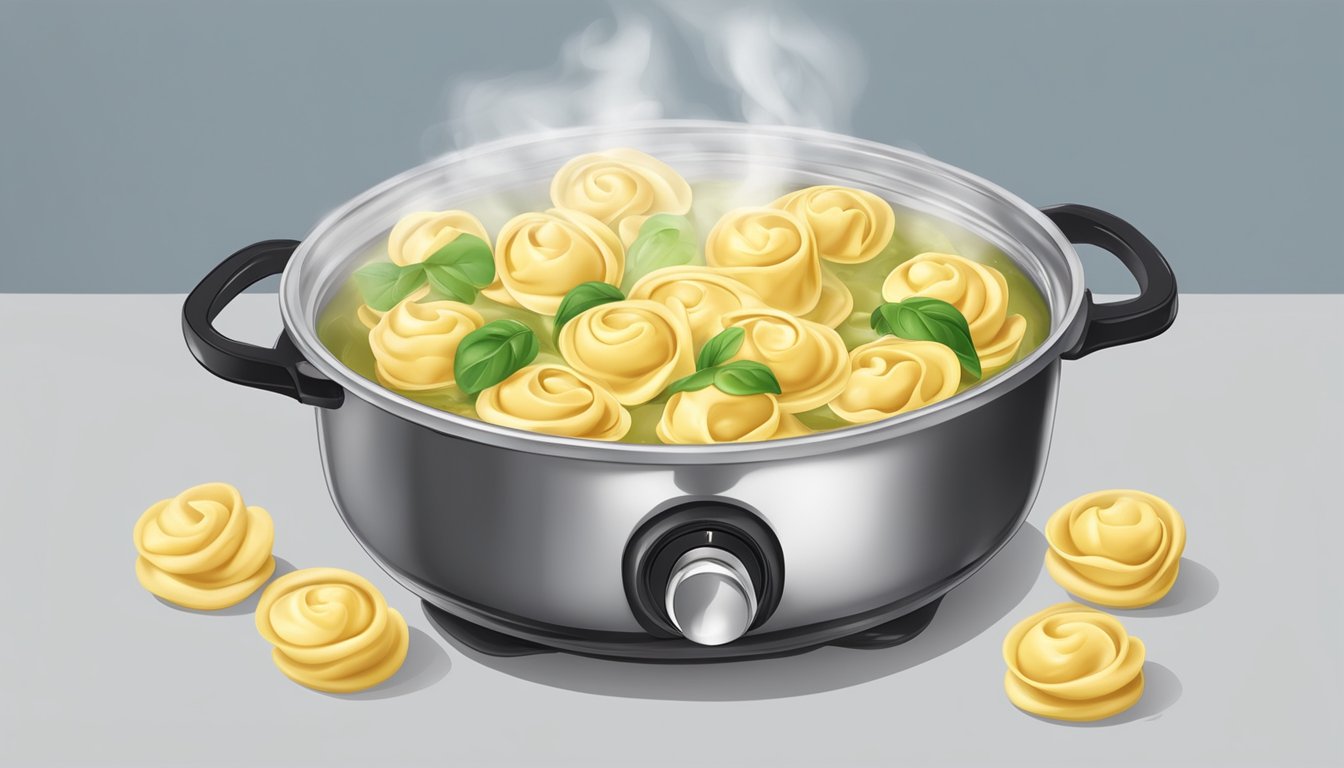 A pot of boiling water with tortellini inside, steam rising