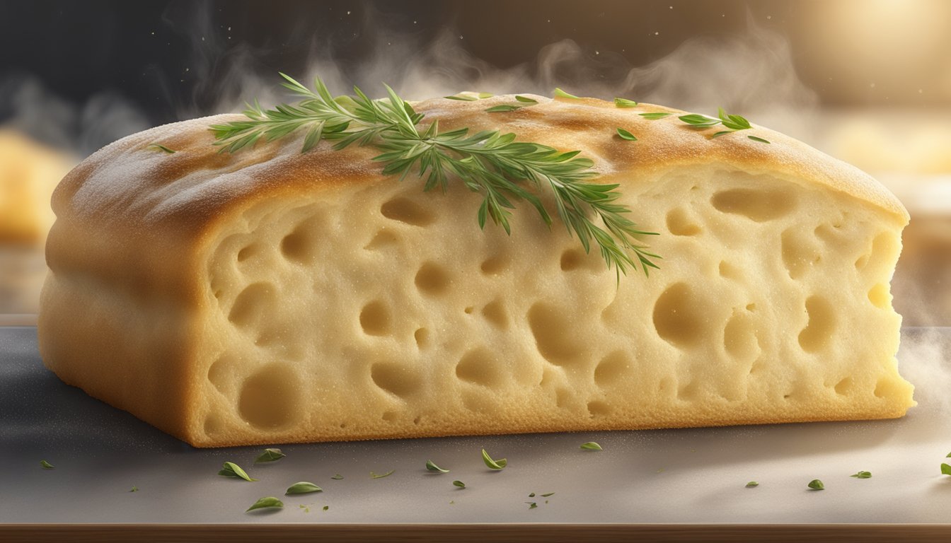 A slice of focaccia sits on a baking sheet in a preheated oven, surrounded by steam rising from the surface, with a golden crust and visible herbs on top