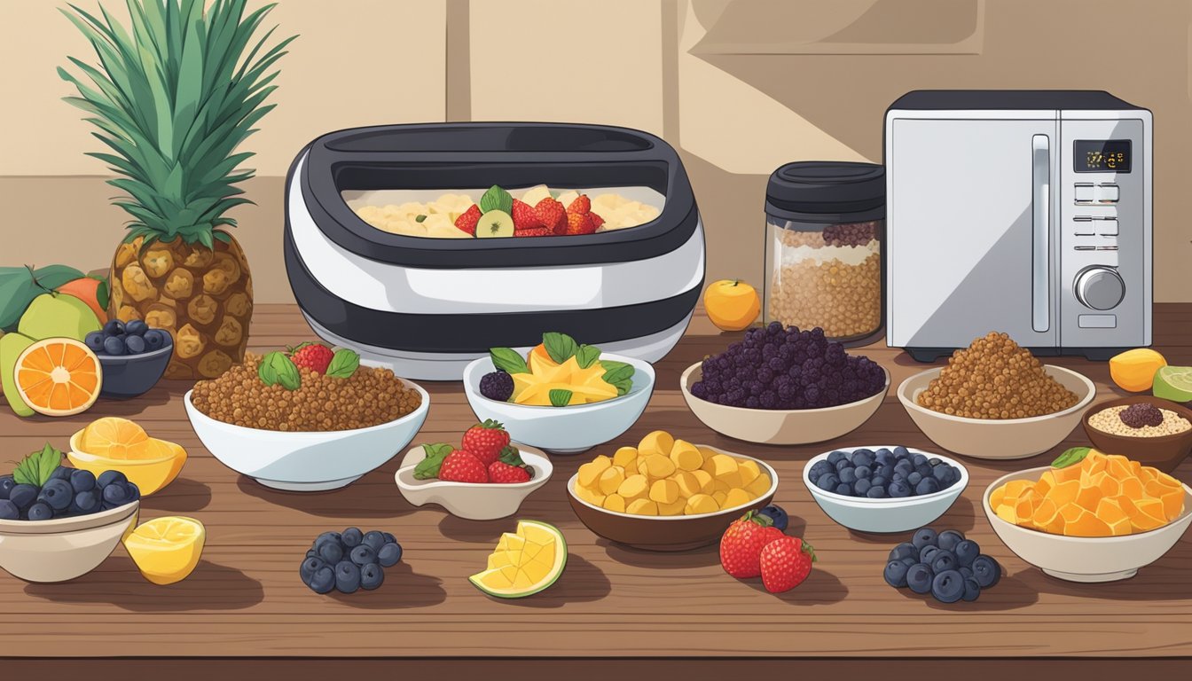 Acai bowls arranged on a wooden table, surrounded by various toppings and fruits. A microwave sits in the background, ready to reheat the gluten-free bowls