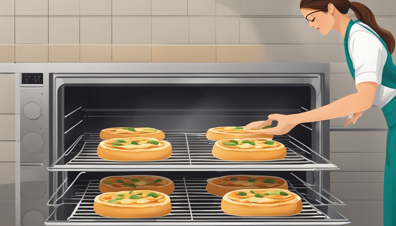 A plate with sliced focaccia being placed in the oven