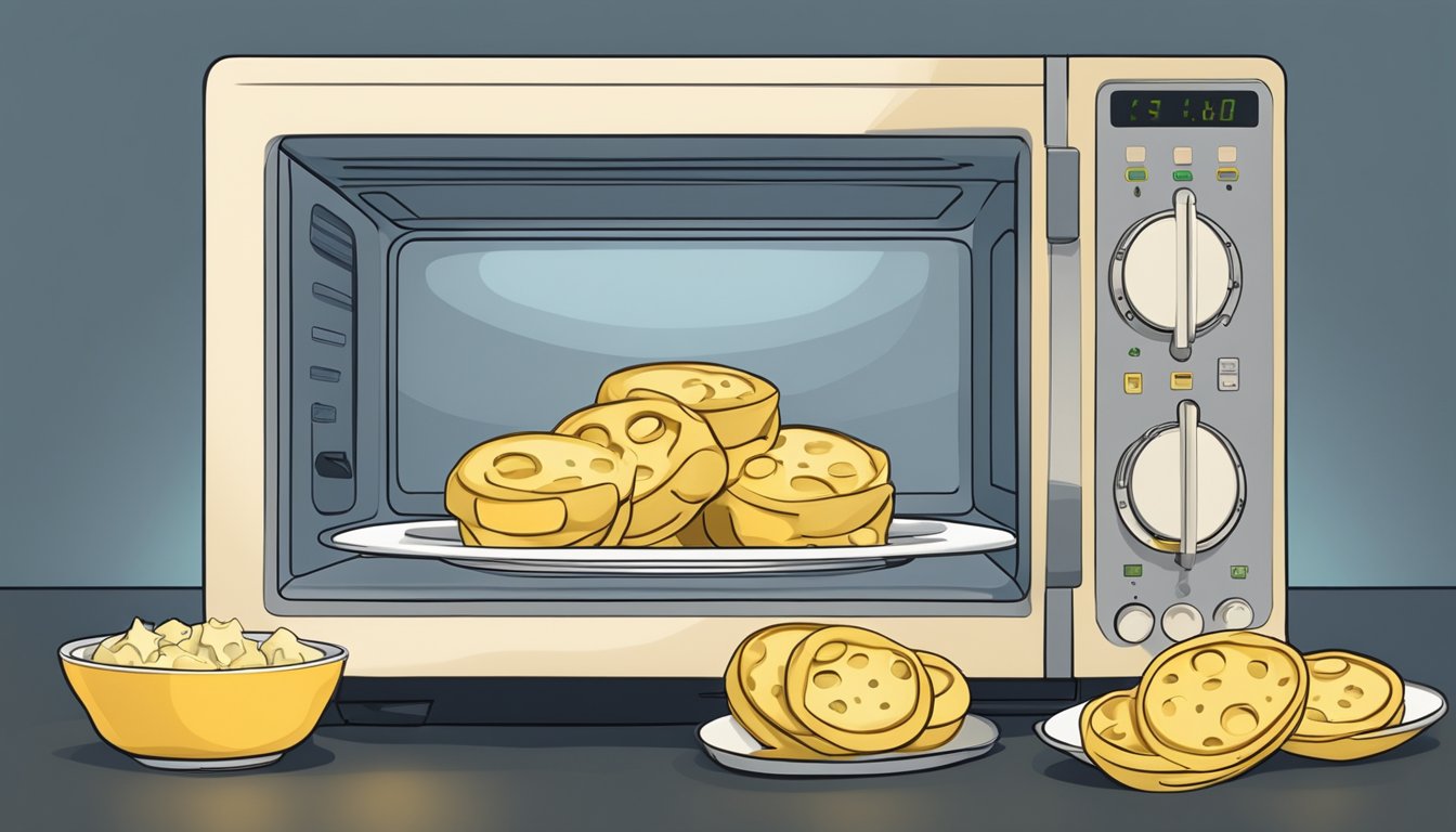 A plate of four cheese tortellini sits inside a microwave, with the microwave door closed and the timer set for reheating