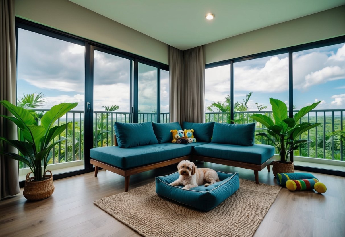 A cozy condo in Cebu, with a pet bed and toys, surrounded by lush greenery and a pet-friendly environment