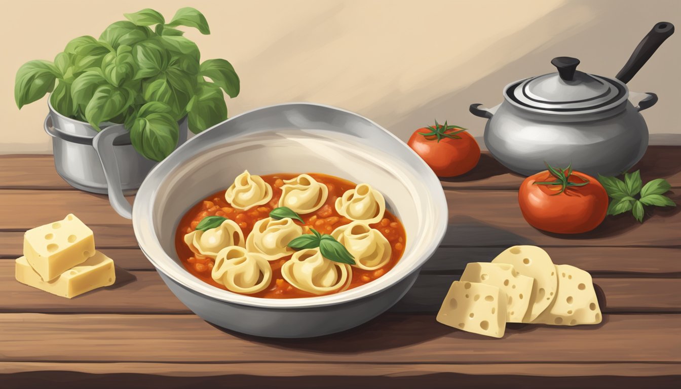 A steaming bowl of four cheese tortellini sits on a rustic wooden table next to a pot of simmering marinara sauce