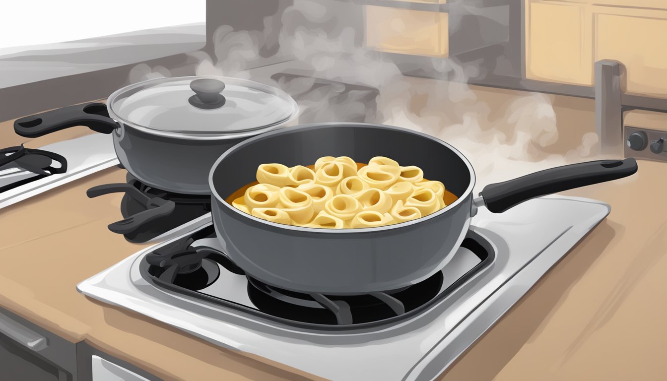 A steaming bowl of four cheese tortellini being gently reheated in a pot on the stove