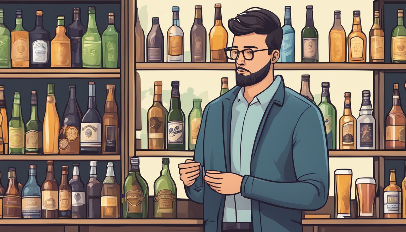 A person standing in front of a selection of alcoholic beverages, carefully considering their choices while following an intermittent fasting routine