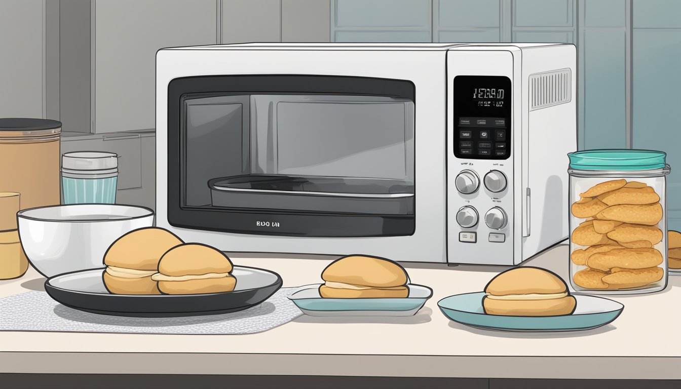 A kitchen counter with a stack of gluten-free bao buns in airtight containers, next to a microwave and a bowl of water for reheating